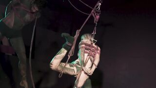 Tattoo Couple suspend together with Hooks and rope - SHIBARI