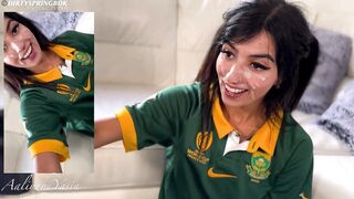 Cute rugby fan Aaliyah Yasin sucks cock for huge facial
