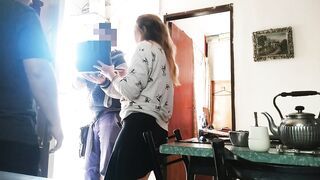 Housewife without panties shows her pussy to the technical service and spies on her having hard sex